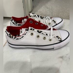 Brand new Converse white with leopard and red.